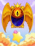  blush_stickers captainpiika dark_mind dimension_mirror highres kirby kirby_(series) kirby_and_the_amazing_mirror looking_up sky sparkle star_(symbol) twitter_username warp_star wings 