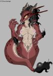  2023 abs anthro black_hair claws dragon dragon_tail elchuydra female finger_claws genitals grey_background hair hi_res mythological_creature mythological_scalie mythology nipples pussy red_body scalie signature simple_background smile smiling_at_viewer smirk smirking_at_viewer solo yellow_eyes 