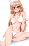  absurdres bikini blue_eyes breasts brown_hair feet_out_of_frame hair_ribbon highres houjou_hibiki long_hair looking_at_viewer medium_breasts oimanji precure ribbon simple_background sitting suite_precure swimsuit two_side_up white_background white_bikini 