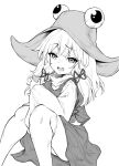  1girl alice_margatroid commentary_request daiyousei feet_out_of_frame greyscale hair_ribbon hat highres kirisame_marisa large_hat long_hair long_sleeves looking_at_viewer monochrome moriya_suwako open_mouth pyonta retoruto ribbon rumia short_hair simple_background sitting solo thighhighs touhou white_background wide_sleeves 