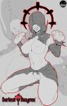  1girl abs absurdres affliction_(darkest_dungeon) artist_name bandaged_arm bandages breasts covered_eyes cum cum_on_body cum_on_breasts darkayzek darkest_dungeon double_handjob facial flagellant_(darkest_dungeon) genderswap genderswap_(mtf) handjob highres hood large_breasts navel penis pussy spot_color thighs veins veiny_penis 
