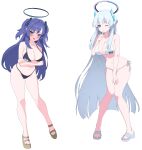  2girls absurdres alternate_costume bare_arms bare_legs bare_shoulders bikini black_bikini blue_archive blush breasts cleavage closed_mouth full_body grey_hair halo highres large_breasts long_hair looking_at_viewer mechanical_halo midang multiple_girls noa_(blue_archive) one_eye_closed open_mouth purple_eyes purple_hair sandals simple_background swimsuit two_side_up white_background white_bikini yuuka_(blue_archive) 