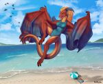  absurd_res anthro beach beach_umbrella breasts camel_toe claws clothed clothing dragon european_mythology eztli_(user_55) female flying footprint front_view hair hi_res horn membrane_(anatomy) membranous_wings mythological_creature mythological_scalie mythology one-piece_swimsuit outside parasol red_body redraptor16 sand scales scalie sea solo swimwear tail water western_dragon winged_arms wings wyvern 