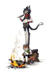  1boy 1girl animal_ears animal_feet backpack bag beer_mug bonfire cat_ears cat_girl cat_tail chilchuck_tims crop_top cup dinolich dungeon_meshi halfling highres monster_girl mug red_scarf scarf sitting standing standing_on_another tail twitter_username 
