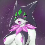  ahegao alex_artist anthro big_breasts breast_curtains breasts digital_media_(artwork) female generation_9_pokemon green_body hi_res looking_at_viewer looking_pleasured meowscarada nintendo nipples open_mouth pink_eyes pokemon pokemon_(species) simple_background smile solo 