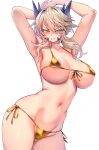 1girl absurdres arms_up artoria_pendragon_(fate) artoria_pendragon_(lancer_alter)_(fate) bikini blonde_hair blush breasts clenched_teeth covered_nipples fate/grand_order fate_(series) gold_bikini highres large_breasts looking_at_viewer navel side-tie_bikini_bottom sidelocks simple_background skindentation solo stomach strap_gap swimsuit teeth v-shaped_eyebrows white_background wisespeak yellow_eyes 