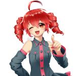  1girl blush collared_shirt dated detached_sleeves drill_hair highres kasane_teto long_sleeves looking_at_viewer mutsubizuki nail_polish one_eye_closed open_mouth pointing pointing_at_viewer red_eyes red_hair shirt sleeveless sleeveless_shirt smile solo twin_drills utau 