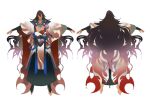  1boy asura_(onmyoji) bare_pectorals bead_necklace beads black_hair black_hakama black_pantyhose black_sleeves blue_ribbon chinese_commentary commentary_request dark-skinned_female dark_skin faceless faceless_male flame_print from_behind gradient_hair guowei_laopei hakama hakama_skirt haori japanese_clothes jewelry kimono kimono_around_waist layered_sleeves long_hair male_focus multicolored_hair multiple_views necklace official_art onmyoji outstretched_arms pantyhose pectorals purple_hair reference_sheet ribbon simple_background skirt stirrup_legwear straight-on t-pose toeless_legwear very_long_hair white_background white_kimono white_sleeves wide_sleeves 
