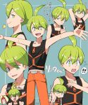 ! !! 1boy aaron_(pokemon) ahoge bare_arms blue_background collarbone green_eyes green_hair heart highres ilovecorgi looking_at_viewer male_focus multiple_views open_mouth outstretched_arms pokemon pokemon_bdsp pokemon_dppt star_(symbol) v-shaped_eyebrows wurmple 
