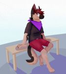  2017 anthro barefoot belt black_body black_clothing black_fur black_nose black_shirt black_t-shirt black_topwear blue_background blue_belt bottomwear brown_eyebrows brown_eyes canid canine canis claws clothed clothing digital_media_(artwork) digital_painting_(artwork) domestic_dog eyebrows feet finger_claws full-length_portrait fully_clothed fur furniture german_shepherd hair herding_dog hindpaw inner_ear_fluff jaspering kerchief lukas_solshepherd male mammal neckerchief on_table pastoral_dog paws plantigrade portrait purple_kerchief purple_neckerchief red_bottomwear red_clothing red_hair red_inner_ear_fluff red_shorts shaded shirt shorts simple_background sitting sitting_on_table smile snout solo t-shirt table tail tan_body tan_fur toe_claws topwear tuft watermark whisker_spots 