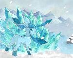  blue_eyes blue_fur bright_pupils day glaceon ice looking_up mountain mountainous_horizon open_mouth outdoors pokemon pokemon_(creature) sidelocks snow snowing solo standing suparna0217 two-tone_fur white_pupils 