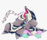  artist_name black_fur claws closed_eyes dated evolutionary_line galarian_linoone galarian_ponyta galarian_zigzagoon green_hair long_tongue lying multicolored_hair no_humans obstagoon open_mouth pink_hair pokemon pokemon_(creature) purple_hair sharp_teeth signature simple_background sitting sleeping smadvil teeth tongue tongue_out two-tone_fur two-tone_hair white_background white_fur zzz 