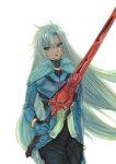  1girl a_(xenoblade) blue_eyes curtained_hair earrings floating_hair hair_between_eyes highres holding holding_sword holding_weapon huge_weapon jacket jewelry long_hair looking_at_viewer parted_bangs simple_background single_earring solo sword weapon white_background white_hair xenoblade_chronicles_(series) xenoblade_chronicles_3 yurya_elfead 