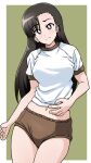  1girl asymmetrical_bangs bangs black_eyes black_hair blush border bright_pupils brown_background brown_buruma buruma closed_mouth clothes_lift cowboy_shot frown girls_und_panzer gym_shirt gym_uniform highres lifted_by_self long_hair looking_at_viewer midriff navel nishi_kinuyo outside_border ponzu_rui shirt shirt_lift short_sleeves simple_background solo standing straight_hair white_border white_pupils white_shirt 