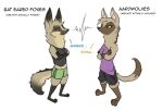 2022 aardwolf anneke_(weaver) anthro barefoot bat-eared_fox biped black_body black_fur black_nose blue_eyes bottomwear breasts brown_body brown_eyes brown_fur canid canine cheek_tuft clothed clothing crossed_arms dialogue dipstick_tail duo edina_(robcivecat) english_text eye_contact facial_markings facial_tuft feet female fur gloves_(marking) grey_body grey_fur half-closed_eyes head_markings head_tuft hyaenid leg_markings looking_at_another mammal markings midriff narrowed_eyes navel neck_tuft pack_street robcivecat shirt shorts shoulder_tuft simple_background socks_(marking) standing tail_markings tank_top text topwear tuft v-cut white_background 