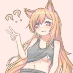  1girl ? ?? animal_ears arknights bare_shoulders black_tank_top blush breasts brown_hair ceobe_(arknights) clothes_lift collarbone commentary_request cursor dog_ears dog_girl eyes_visible_through_hair fang hand_up lifted_by_cursor long_hair looking_at_viewer medium_breasts navel open_mouth pink_background pink_eyes shirt_lift simple_background sleeveless smile solo split_mouth suto_(strife0123) tank_top upper_body v 