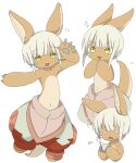  &gt;_&lt; 1other :3 absurdres animal_ears body_fur colored_eyelashes cup furry highres holding holding_cup made_in_abyss mug multiple_views nanachi_(made_in_abyss) open_mouth other_focus pants pouch puffy_pants rabbit_ears red_pants short_hair sidelocks simple_background sparkle tail tail_wagging uis0 waving whiskers white_background white_hair yellow_eyes 