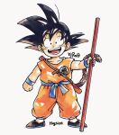 1boy arms_at_sides bare_arms black_eyes black_footwear black_hair black_outline blue_sash blue_wristband child clenched_hands clothes_writing collarbone dot_nose dougi dragon_ball dragon_ball_(classic) fingernails flats full_body goku_day grin happy highres holding holding_weapon legs_apart male_focus obi open_mouth orange_pants outline pants rope ruyi_jingu_bang sash sepia sheath shoes simple_background smile socks son_goku spiked_hair standing tareme teeth tkgsize tongue twitter_username weapon white_background white_socks wristband 