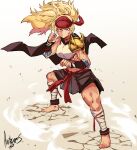  1girl absurdres anklet antares_topaz armor asymmetrical_arms bandaged_leg bandages bandana barefoot belt blonde_hair blue_eyes breastplate character_request clenched_hands commission dust dust_cloud english_commentary evil_smile feet fighting_stance gladiator highres jewelry midriff muscular muscular_female original pauldrons red_bandana red_belt shoulder_armor signature single_pauldron smile solo spiked_armor tan thick_thighs thighs toenails toes vambraces wind 