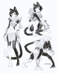  1girl animal_ears cat_ears cat_girl cat_tail commentary covering_own_mouth dungeon_meshi full_body greyscale izutsumi looking_to_the_side midriff monochrome multiple_views navel pelvic_curtain renkkai short_hair simple_background sleeveless squatting standing tail 