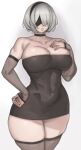  1girl absurdres alternate_costume android black_blindfold black_dress blindfold breasts contemporary curvy detatched_sleeves dress english_commentary gothic hand_on_hip highres huge_breasts kelvin_hiu lips mole mole_under_mouth nier nier_(series) nier_automata pale_skin short_hair simple_background thick_lips thick_thighs thighs tight white_hair wide_hips yorha_no._2_type_b 