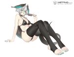  1girl :p aqua_eyes aqua_nails arknights breasts choker feathered_wings food full_body grey_hair hair_between_eyes head_wings highres ho&#039;olheyak_(arknights) ice_cream kuromonou long_tail looking_at_viewer nail_polish sidelocks simple_background snake_tail solo swimsuit tail thighhighs tongue tongue_out wings 