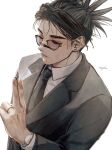  1boy 28cg absurdres black_hair choso_(jujutsu_kaisen) closed_eyes closed_mouth collared_shirt double_bun facial_tattoo glasses grey_suit hair_bun highres jewelry jujutsu_kaisen male_focus necktie ring shirt signature solo suit tattoo upper_body watch white_background wristwatch 