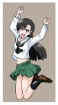  1girl alternate_costume arms_up asymmetrical_bangs bangs black_eyes black_hair black_legwear black_neckerchief black_panties blouse bright_pupils brown_footwear commentary eyebrows_visible_through_hair floating girls_und_panzer green_skirt grey_background highres legs_up loafers long_hair long_sleeves looking_at_viewer midriff_peek miniskirt navel neckerchief nishi_kinuyo ooarai_school_uniform open_mouth panties pantyshot pleated_skirt ponzu_rui sailor_collar school_uniform serafuku shirt shoes simple_background skirt smile socks solo straight_hair underwear white_pupils white_sailor_collar white_shirt 