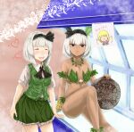  2girls asatsuki_(cookie) aztec_calendar bangs black_bow black_bowtie black_hairband black_ribbon blue_eyes blush bow bowtie breasts closed_eyes closed_mouth collared_shirt commentary_request cookie_(touhou) eska_(cookie) expressionless feet_out_of_frame green_skirt green_vest haiperion_buzan hair_ribbon hairband heart kaibara_elena_(cookie) konpaku_youmu leaf_bikini looking_at_viewer moriya_suwako multiple_girls open_mouth ribbon shirt short_hair short_sleeves skirt skirt_set small_breasts smile tan tanning_bed touhou vest white_hair white_shirt 