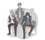  5boys black_hair chair eyepatch hayato_suou highres holding_hands jacket jessicaan18 long_sleeves meme multicolored_hair multiple_boys nirei_akihiko open_clothes open_jacket open_mouth sakura_haruka_(wind_breaker) school_uniform shirt shoes short_hair smile split-color_hair sugishita_kyoutarou towel towel_around_neck umemiya_hajime white_hair white_shirt wind_breaker_(nii_satoru) 