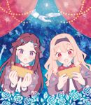  2girls :o black_hairband blonde_hair blue_background blush bow bowtie brown_hair collared_shirt commentary crescent_moon curtains flower giraffe gradient_background grey_jacket hair_ornament hairband hands_up holding holding_ticket jacket lamppost long_hair long_sleeves looking_at_object moon multiple_girls open_clothes open_jacket open_mouth palace parted_bangs purple_eyes red_bow red_bowtie red_eyes rose saijou_claudine school_uniform seishou_music_academy_uniform shirt shoujo_kageki_revue_starlight sidelocks silhouette sparkle tendou_maya ticket umbrella upper_body wato_(ko) wavy_hair white_flower white_rose white_shirt x_hair_ornament 
