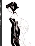  1girl art_program_in_frame bare_shoulders bat_wings bob_cut choker commentary demon_girl demon_tail dress elbow_gloves from_side gloves hisser looking_to_the_side low_wings monochrome open_mouth original pointy_ears profile short_hair simple_background sleeveless sleeveless_dress solo standing symbol-only_commentary tail wings 