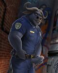  alley anthro belt bovid bovine chief_bogo clothing disney foreskin genitals hi_res humanoid_genitalia humanoid_penis male mammal penis penis_through_fly poking_out police_uniform rov solo true_buffalo uniform water_buffalo zootopia 