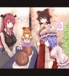  5girls ascot bangs black_skirt black_vest blush bow breasts brown_hair brown_horns closed_mouth collared_shirt commentary_request cookie_(touhou) cowboy_shot demon_wings detached_sleeves display expressionless frilled_bow frills haiperion_buzan hair_between_eyes hair_bow hakurei_reimu hat highres hisui_(cookie) horns ibuki_suika kanna_(cookie) koakuma large_breasts letterboxed long_hair long_sleeves mob_cap multiple_girls open_mouth orange_hair pink_headwear purple_hair purple_skirt red_bow red_eyes red_hair red_shirt red_skirt reisen_udongein_inaba remilia_scarlet sakura_(cookie) shirt short_hair skirt sleeve_bow sleeveless sleeveless_shirt smile spoken_squiggle squiggle touhou vest white_shirt white_sleeves wings yamin_(cookie) yellow_ascot yuzuyu_(cookie) 