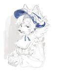  1girl animal_ear_fluff animal_ears arin_(fanfan013) black_eyes blue_hat blue_ribbon center_frills colored_eyelashes cropped_torso dog_ears dog_girl dress ears_through_headwear floral_print frilled_hat frilled_sleeves frills furry furry_female hat highres long_sleeves looking_at_viewer neck_ribbon original own_hands_together parted_lips puffy_long_sleeves puffy_sleeves ribbon simple_background sleeves_past_wrists solo square_neckline white_background white_dress white_sleeves 