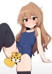  1girl aisaka_taiga black_thighhighs blue_one-piece_swimsuit highres knee_upb mikoscrub one-piece_swimsuit sitting skindentation solo swimsuit thighhighs 