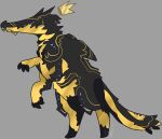  2017 ambiguous_gender anthro black_body black_claws chroma_(warframe) claws crocodilian crown digital_drawing_(artwork) digital_extremes digital_media_(artwork) digitigrade eyeless flat_colors floating_crown full-length_portrait gold_body grey_background headgear jaspering portrait reptile scalie semi-anthro simple_background snout solo standing tail tencent warframe watermark 