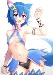  1girl :d animal_ear_fluff animal_ears arm_up armpits bare_shoulders blue_eyes blue_hair blush breasts cat_ears cat_girl cat_tail claw_pose commentary commission crescent crescent_hair_ornament english_commentary fang gradient_background grey_background hair_between_eyes hair_ornament hairclip highres looking_at_viewer navel original prophosphere small_breasts smile solo standing tail white_background 