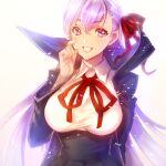  1girl absurdres arm_behind_back bb_(fate) black_coat black_skirt breasts coat collared_shirt fate/extra fate/extra_ccc fate/grand_order fate_(series) grin hair_between_eyes hair_ribbon hand_up high-waist_skirt high_collar highres kin_mokusei large_breasts long_hair long_sleeves looking_at_viewer neck_ribbon open_clothes open_coat purple_eyes purple_hair red_ribbon ribbon shirt simple_background skirt smile solo upper_body white_background white_shirt 