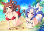  3girls all_fours alternate_costume animal_ears apoj beach bikini blue_hair blurry blurry_background breasts brown_hair cesario_(umamusume) cleavage collarbone commentary_request crab green_eyes highres horse_ears horse_girl king_halo_(umamusume) leg_up looking_at_viewer medium_breasts multiple_girls ocean open_mouth palm_tree purple_eyes rhein_kraft_(umamusume) swimsuit tree umamusume 