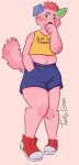  ambiguous_gender andromorph anthro aroused belly blue_eyes blush body_hair bottomwear canid canine canis character_tg clothing crop_top domestic_dog ear_piercing embarrassed felid feline footwear fur hair happy_trail hi_res hybrid intersex male mammal piercing pink_body pink_fur pink_hair red_nose shirt shoes shorts slightly_chubby slightly_chubby_male solo solo_focus topwear twistygreen 