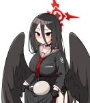  1girl bangs black_choker black_gloves black_skirt black_wings blue_archive blush breasts choker closed_mouth egg feathered_wings garter_belt garter_straps gloves hair_between_eyes halo hasumi_(blue_archive) junsuina_fujunbutsu large_breasts long_hair long_sleeves looking_at_viewer low_wings mole mole_under_eye red_eyes sailor_collar school_uniform serafuku simple_background skirt skirt_hold solo white_background wings 