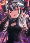  1girl :d black_choker black_dress black_gloves black_hair blunt_bangs breasts choker cleavage dark_persona dress elbow_gloves fire_emblem fire_emblem_engage fire_emblem_heroes gloves glowing glowing_eyes grey_hair hair_ornament highres long_hair looking_at_viewer magic minamonochaba multicolored_hair official_alternate_costume open_mouth red_eyes sleeveless sleeveless_dress small_breasts smile solo two-tone_hair upper_body very_long_hair veyle_(fell_successor)_(fire_emblem) veyle_(fire_emblem) 