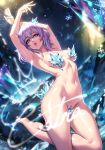  1girl armpits arms_up barefoot blue_eyes breasts commentary_request cowboy_shot esther_shen groin hair_ornament honkai:_star_rail honkai_(series) looking_at_viewer march_7th_(honkai:_star_rail) medium_breasts navel nude pink_hair purple_eyes short_hair solo standing stomach thighs two-tone_eyes 
