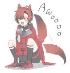  1boy animal_ears black_gloves dog_boy dog_ears dog_tail full_body gloves highres holostars holostars_english machina_x_flayon male_focus open_mouth red_hair short_hair simple_background solo tail tail_wagging white_background xmayo0x 