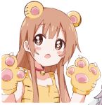  1girl blush breasts brown_eyes brown_hair commentary_request costume gloves long_hair looking_at_viewer mesushio oomuro-ke oomuro_hanako open_mouth small_breasts solo two_side_up white_background yuru_yuri 