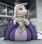  anthro big_breasts boss_monster_(undertale) bovid breast_rest breasts caprine cleavage clothed clothing felid female first_person_view fur goat horn huge_breasts hybrid lion looking_aside mammal md34 monster pantherine red_eyes shirt solo sweater topwear toriel undertale_(series) white_body white_fur 