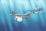  air_bubble anthro belly big_belly canid canine clothing female hi_res highlights_(coloring) holding_breath indigobx long_tail mammal pregnant solo swimming swimwear underwater water white_clothing white_swimwear 