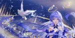  1girl aqua_eyes artist_name bare_shoulders bird detached_sleeves dress gloves hair_between_eyes halo hand_on_own_chest highres honkai:_star_rail honkai_(series) long_hair looking_at_viewer open_mouth purple_dress purple_hair robin_(honkai:_star_rail) sakuradani short_sleeves smile solo upper_body white_gloves 