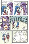  2girls :3 ahoge blue_hair cannon controller hair_ribbon highres hiiragi_kagami holding holding_remote_control izumi_konata left-to-right_manga long_hair long_sleeves lucky_star multiple_girls neckerchief open_mouth otototoi pink_neckerchief pleated_skirt purple_eyes purple_hair red_sailor_collar red_skirt remote_control ribbon sailor_collar scared school_uniform serafuku shirt skirt smile standing surprised thumbs_up translated twintails white_shirt wide-eyed 